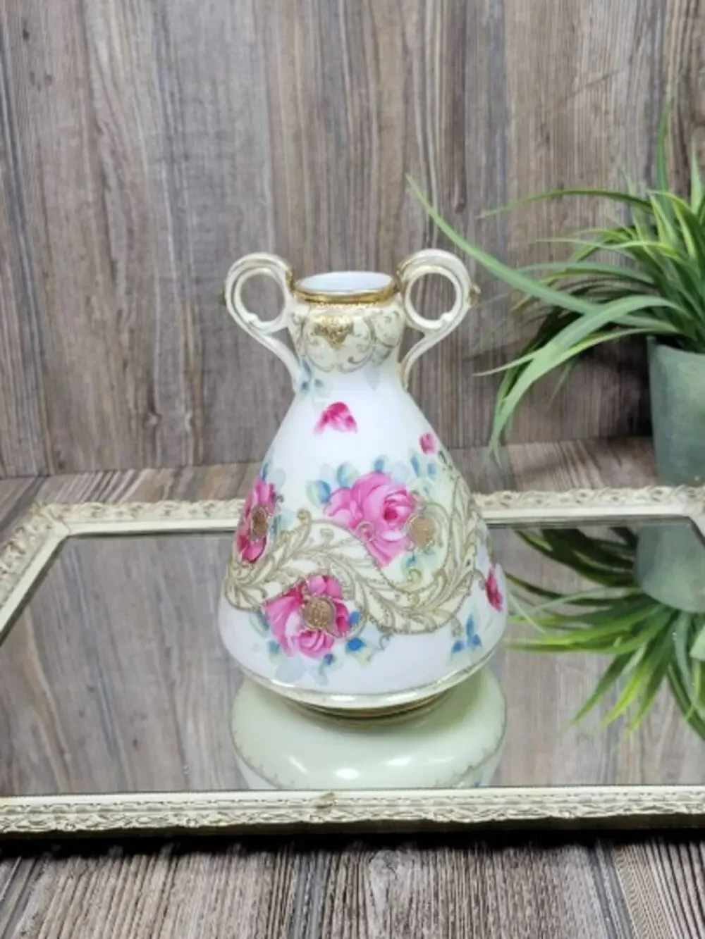 Antique Nippon Maple Leaf Vase Pink Roses Moriage Gold Double Handle (Repaired)